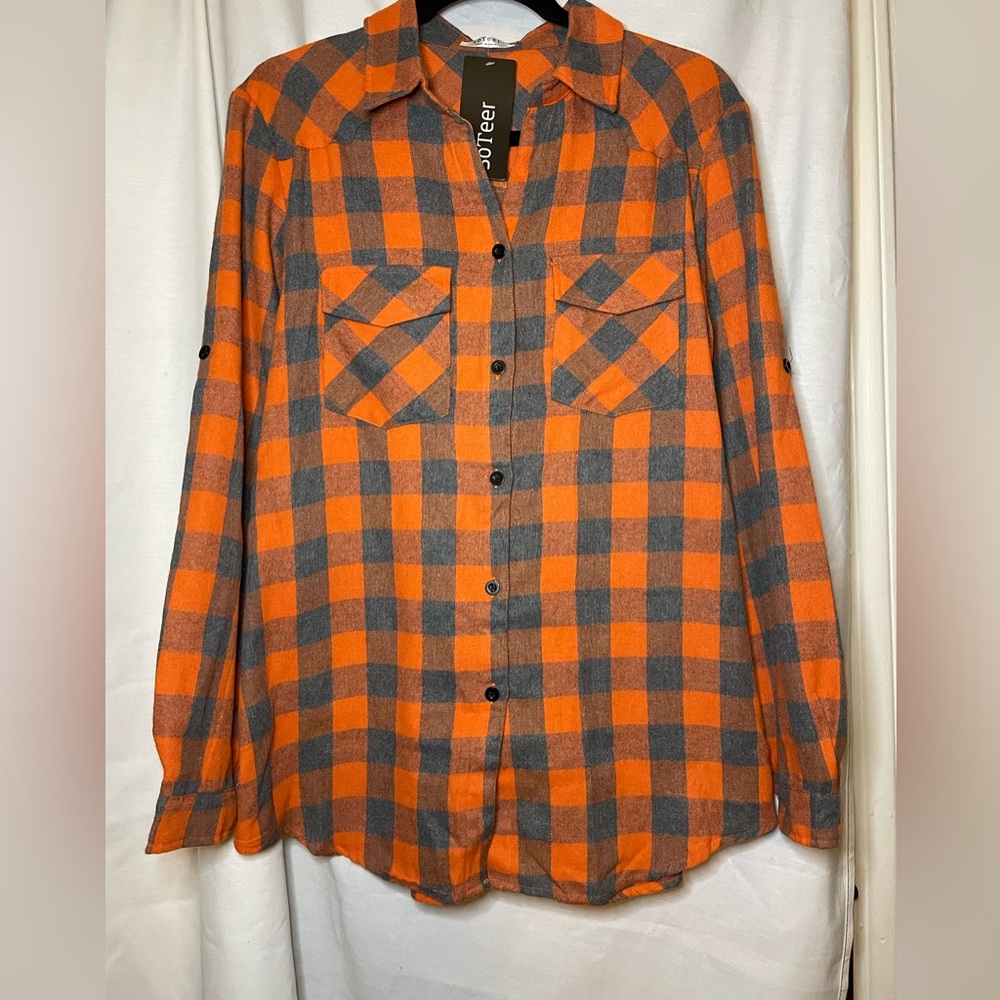 NWT SoTeer Men's Orange and Blue Gray Plaid Flannel Button Down w Pockets Size L